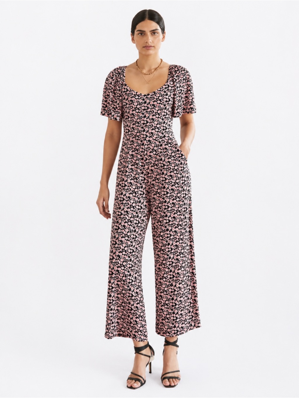 Boden US6 UK10 Flutter Sleeve Jersey 0512 Jumpsuit Pink Black Floral D0224
